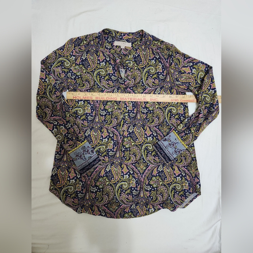 LOFT Paisley V-Neck Blouse in Navy, Pink & Yellow - Picture 4 of 5